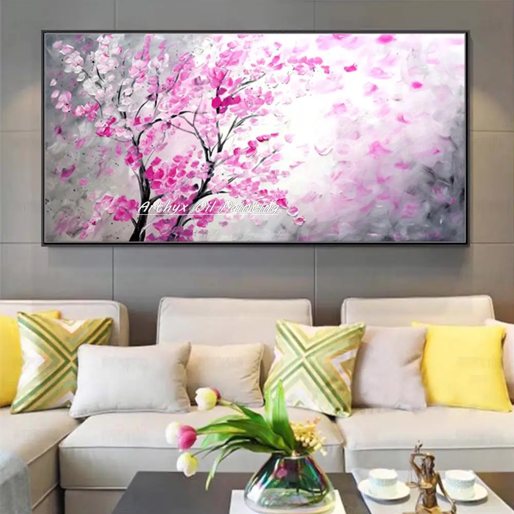 

Arthyx 100% Handpainted Tree Red Flower Oil Paintings On Canvas,Abstract Modern Picture,Wall Art For Living Room,Home Decoration