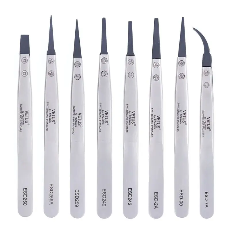 VETUS ESD-259A Interchangeable Head Anti-static Tweezers Stainless Steel Body Anti-static Carbon Fiber Conductive Plastic Head — view 6