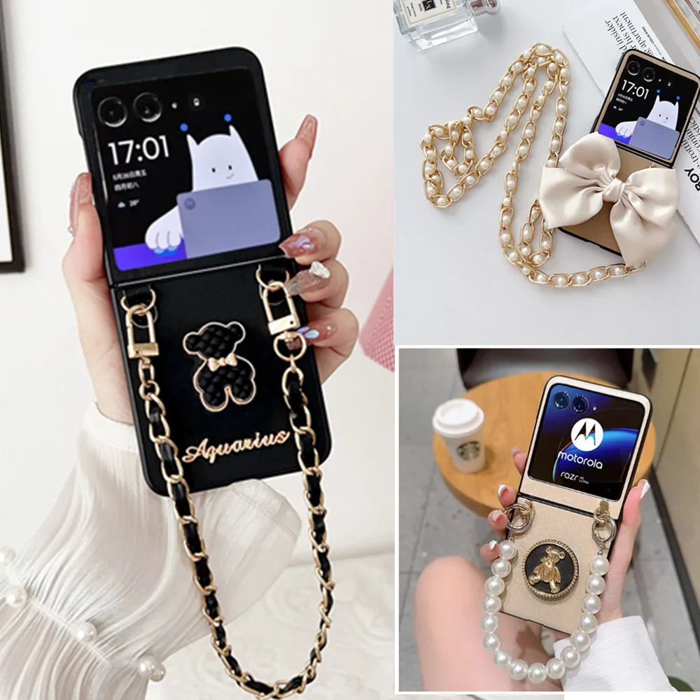 Corea Cute Metal Pearl Chain Custodia In Pelle Per Motorola Razr 40 Ultra Custodia Per Moto Razr 2022 Cover Razr40 Custodia Motorola Razr 40