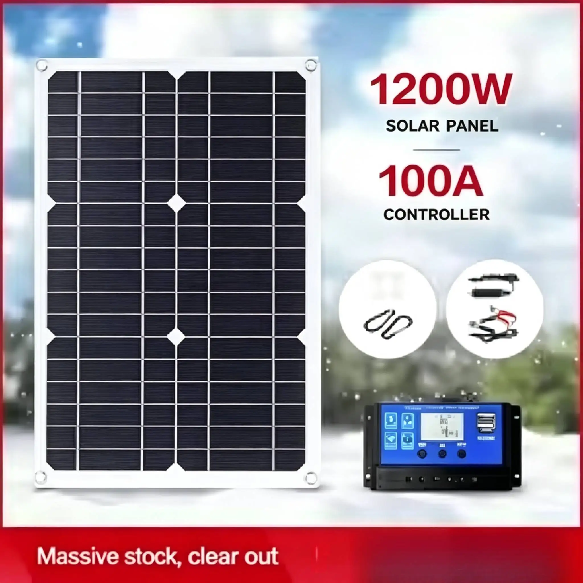 Kit de panneaux solaires 100A 12/24V, chargeur solaire portable avec contrôleur de charge pour voiture, camping-car, bateau, batterie, usage domestique et extérieur 1