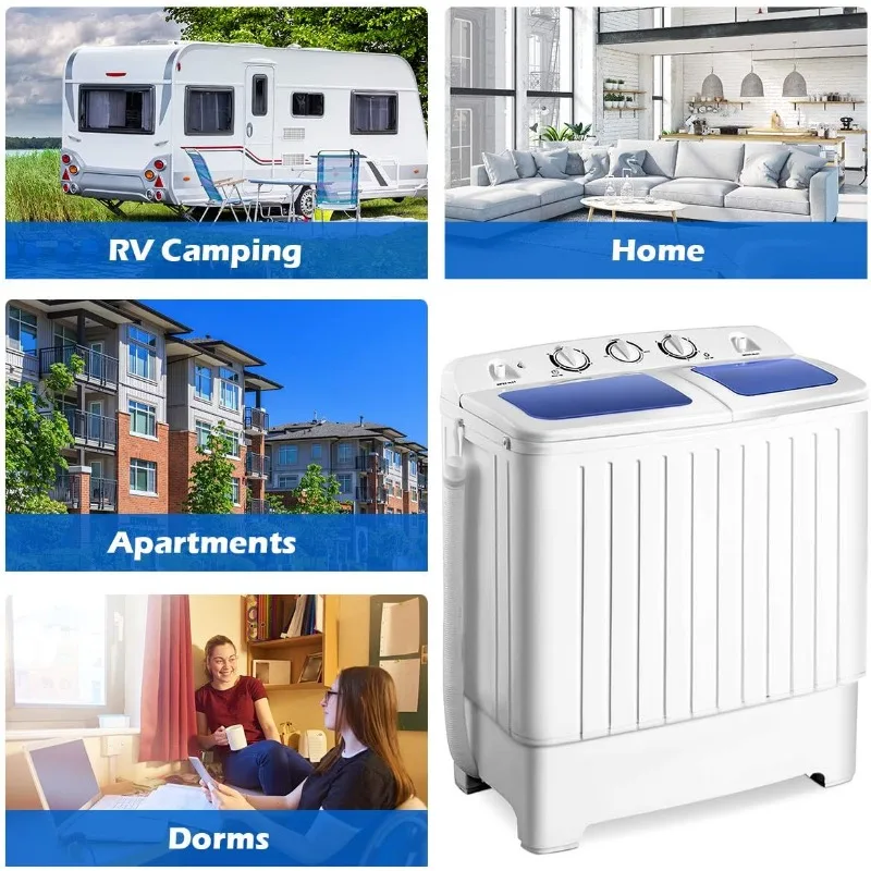 Giantex Portable Mini Compact Twin Tub Washing Machine 20lbs Washer Spain Spinner Portable Washing Machine, Blue+ White