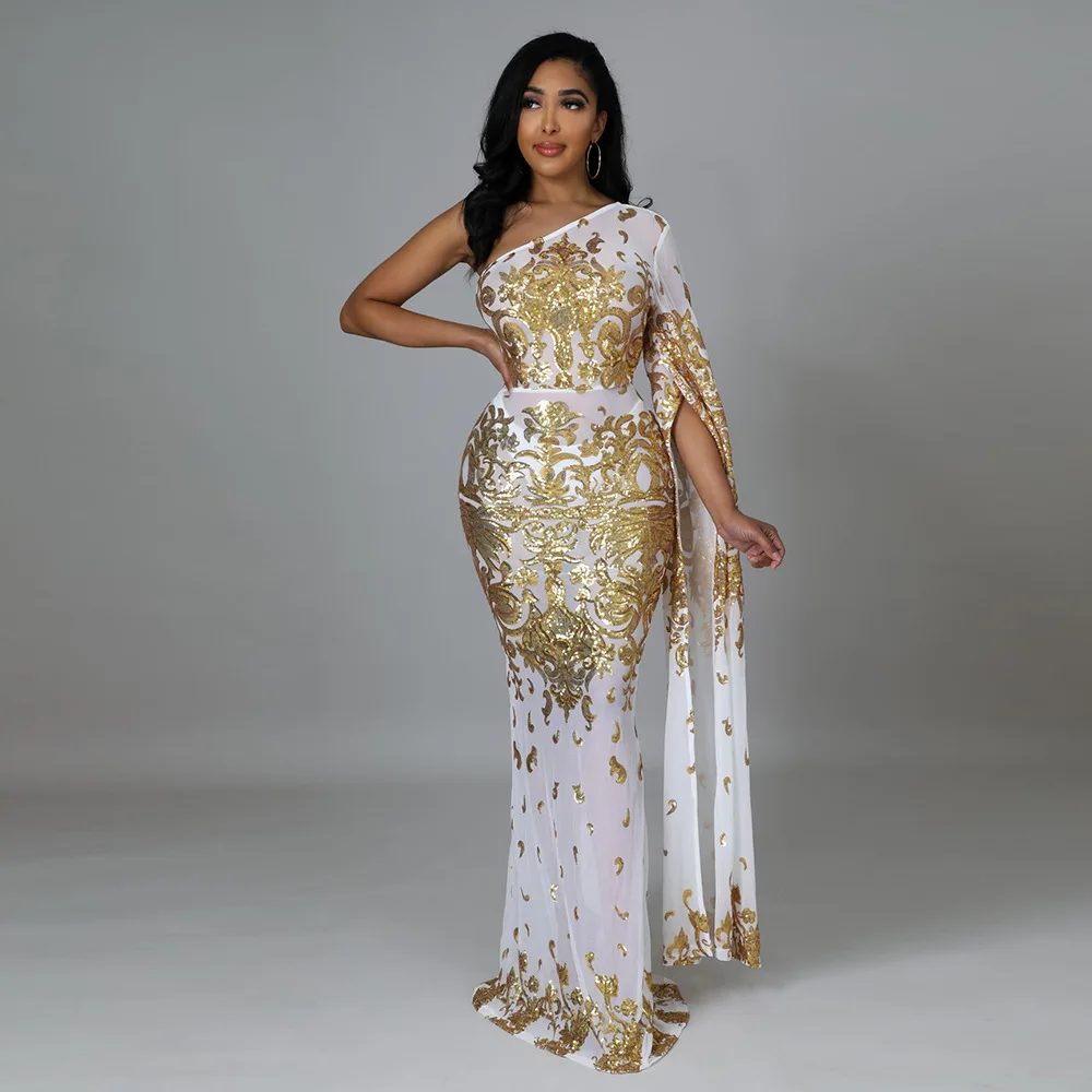 

2023 Summer Fashion Sexy Ladies Nightclub Party Dress Sheer Beaded One Shoulder Long Skirt No Panties