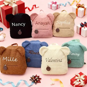 A Custom Name Tag Can Be Added to This Fashionable and Trendy Autumn/Winter Style Lamb Wool Bear Zipper Closure Cute Cartoon Backpack, Suitable for Daily Use Such as Going Out or Returning to School 1