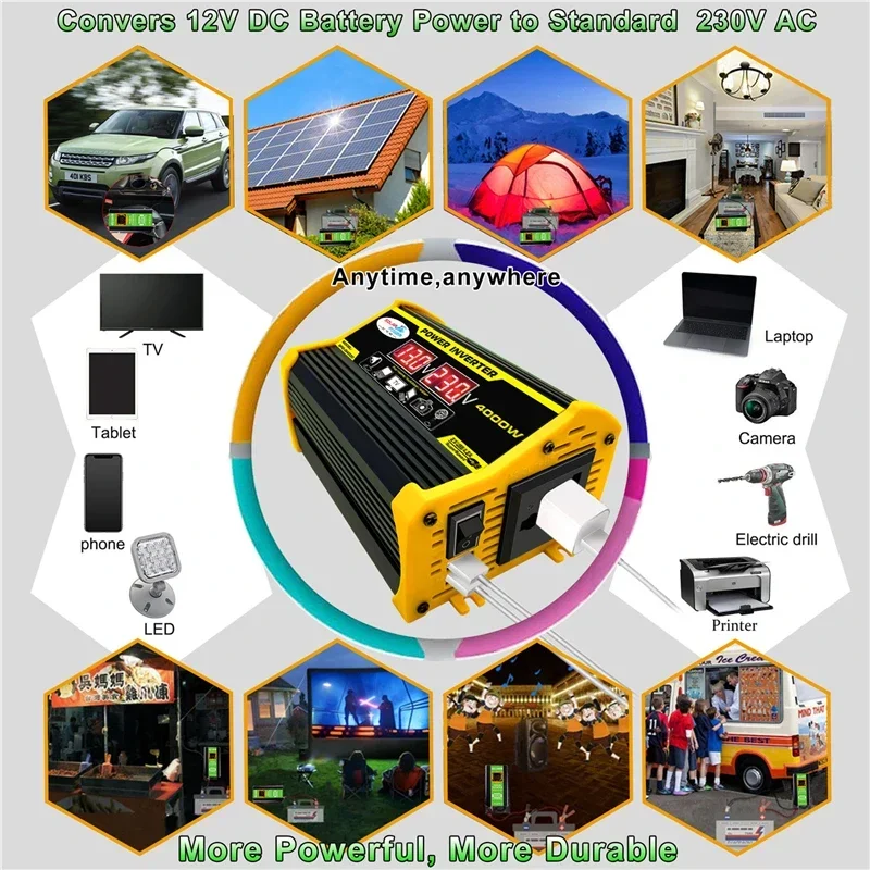 4000W 차량용 파워 인버터 컨버터 어댑터 12V에서 110/220V 전압 변환기 LED 디스플레이 듀얼 USB 가정용 차량용 수정된 사인파