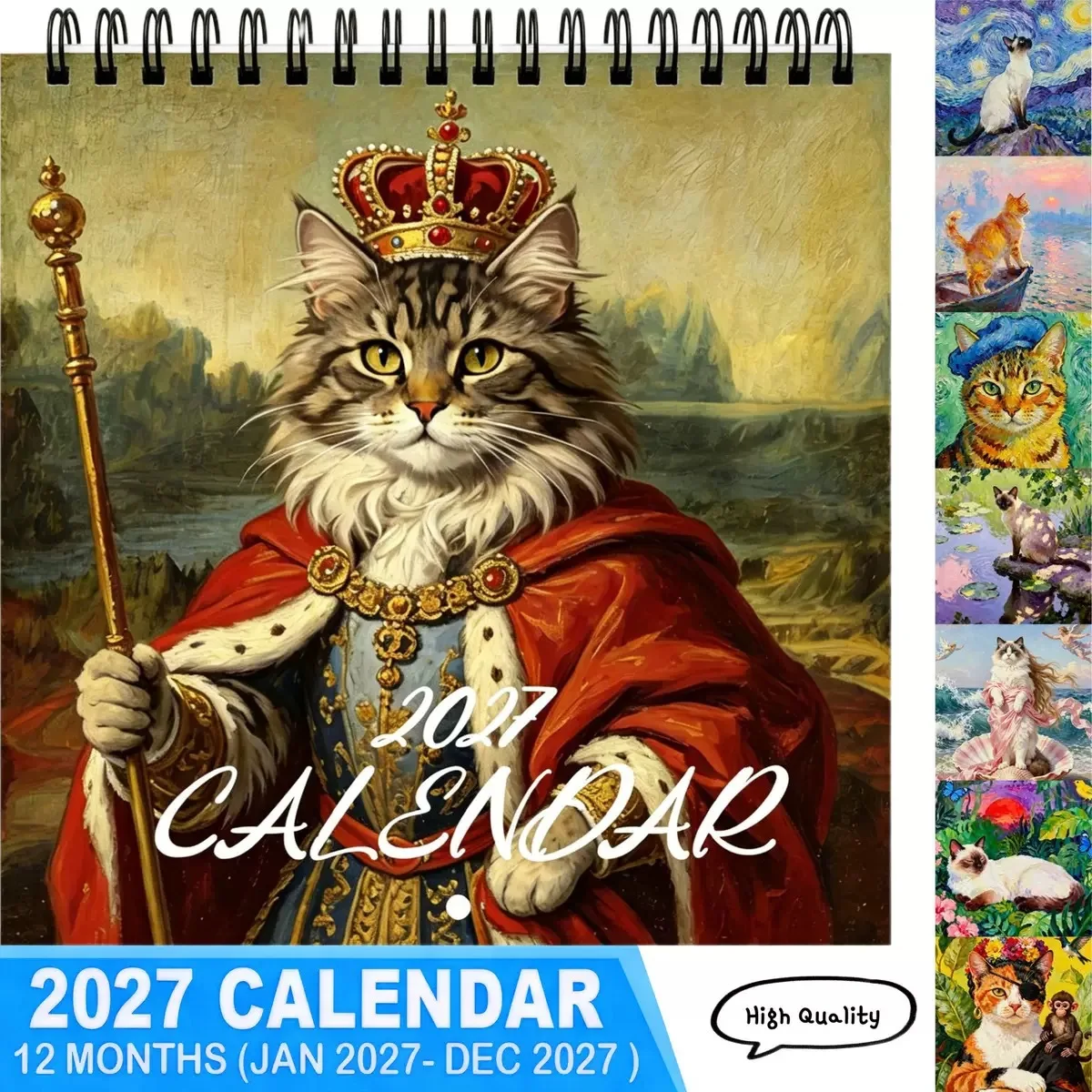Calendario da Parete 2027 con Famosi Dipinti di Gatti, 12 Mesi (Gennaio-Dicembre), Calendario Artistico a Spirale da Appendere, Regalo per Amanti dei Gatti, Decorazione per Casa e Ufficio - immagine 2