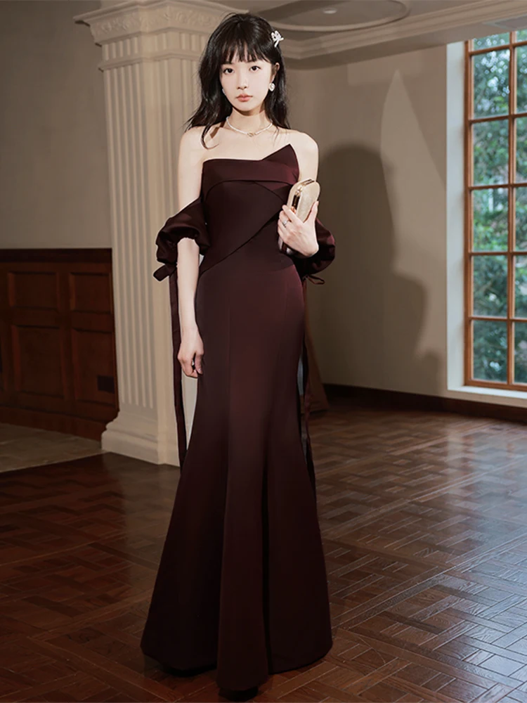 

Off Shoulder Deep Burgundy Satin Prom Dresses For Women Strapless Floor Length Mermaid Formal Party Evening Gowns Robe De Soiree