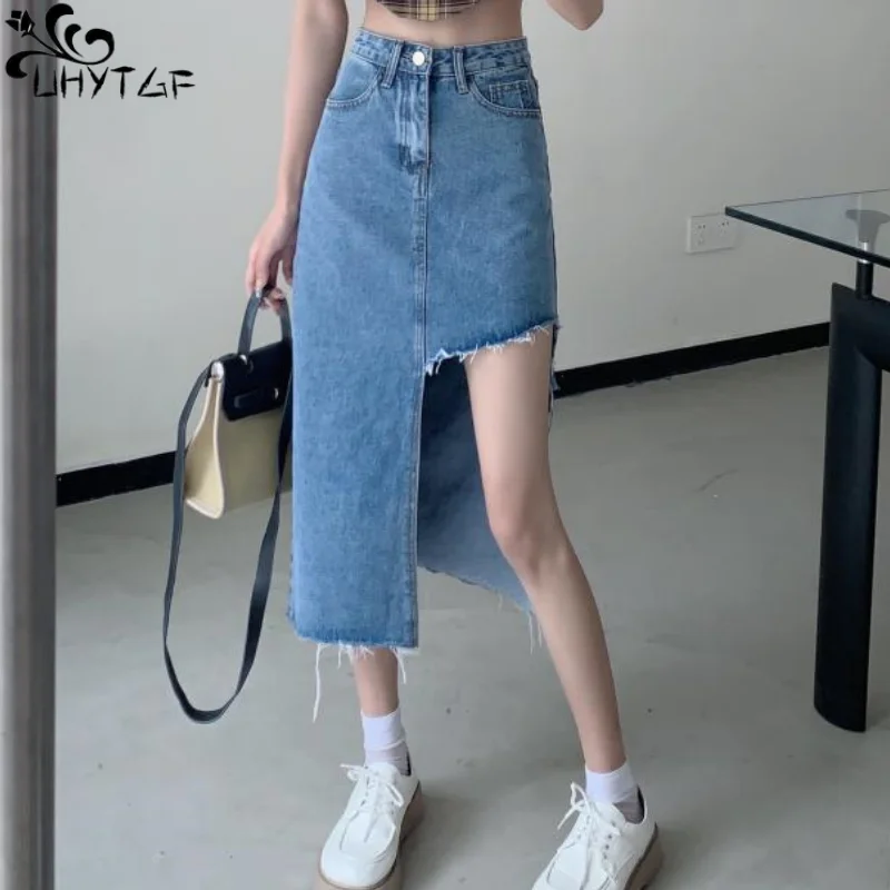 

UHYTGF Denim Skirt For Women Summer New High-Waisted Pocket Irregular Slit Trend Street Female Cowboy Mid-Length Bag Hip Skirts