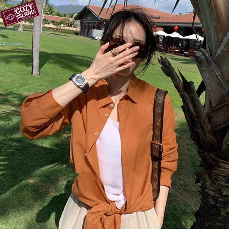 Spring Cotton Y2K Shirts Thin Women Candy Color Long Sleeves Blouses Lapel Inner Tops Loose Commuting Fine Yarn Light Clothing half and half striped pattern short sleeves shirt l light blue