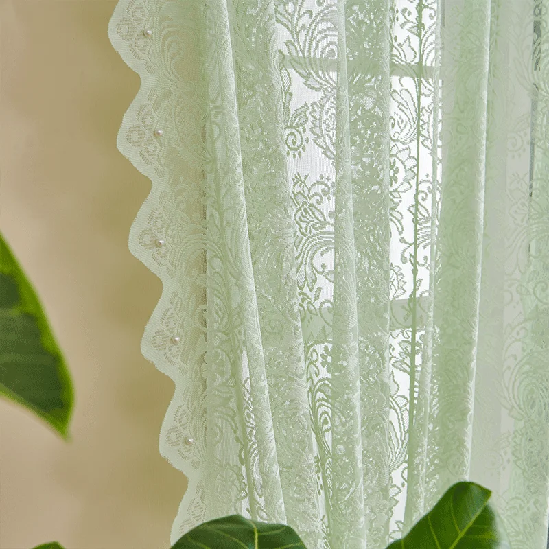 Neuer Matcha-Grüner Spitzen-Perlenvorhang, Amerikanischer Landhausstil, Einfaches Europäisches und Amerikanisches Design, Geeignet für Wohnzimmer-Lichtdurchlässigkeit, Exportqualität Schlafzimmer-Fenstervorhang
