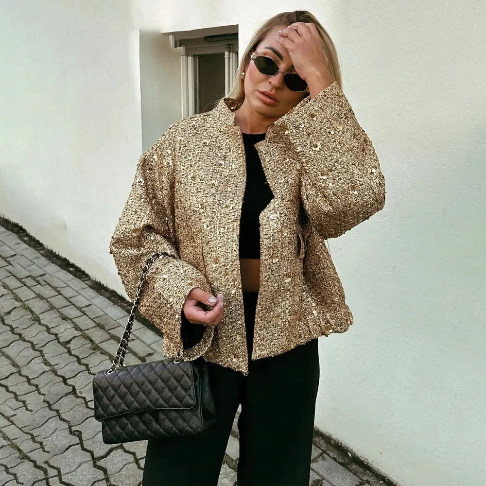 Veste à paillettes brillantes pour femmes, manteau court à manches longues, col montant, document en or Y2k, streetwear haut pour dames, mode automne et hiver