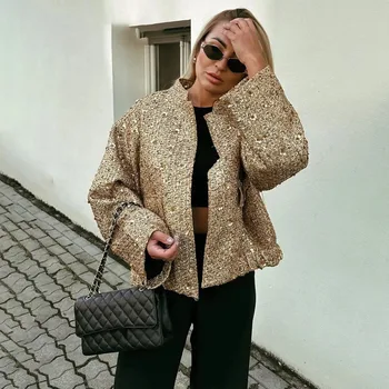 Veste à paillettes brillantes pour femmes, manteau court à manches longues, col montant, document en or Y2k, streetwear haut pour dames, mode automne et hiver