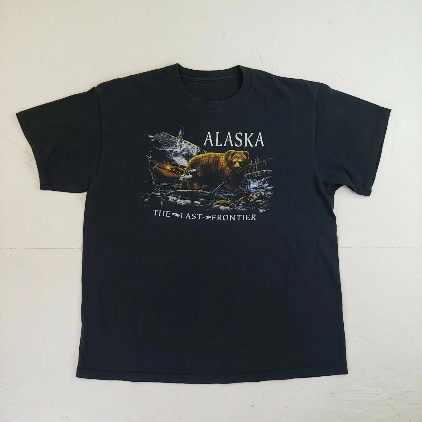 Alaska T-Shirt Size Large Last Frontier Tourist Bear Grizzly Fish Art Nature