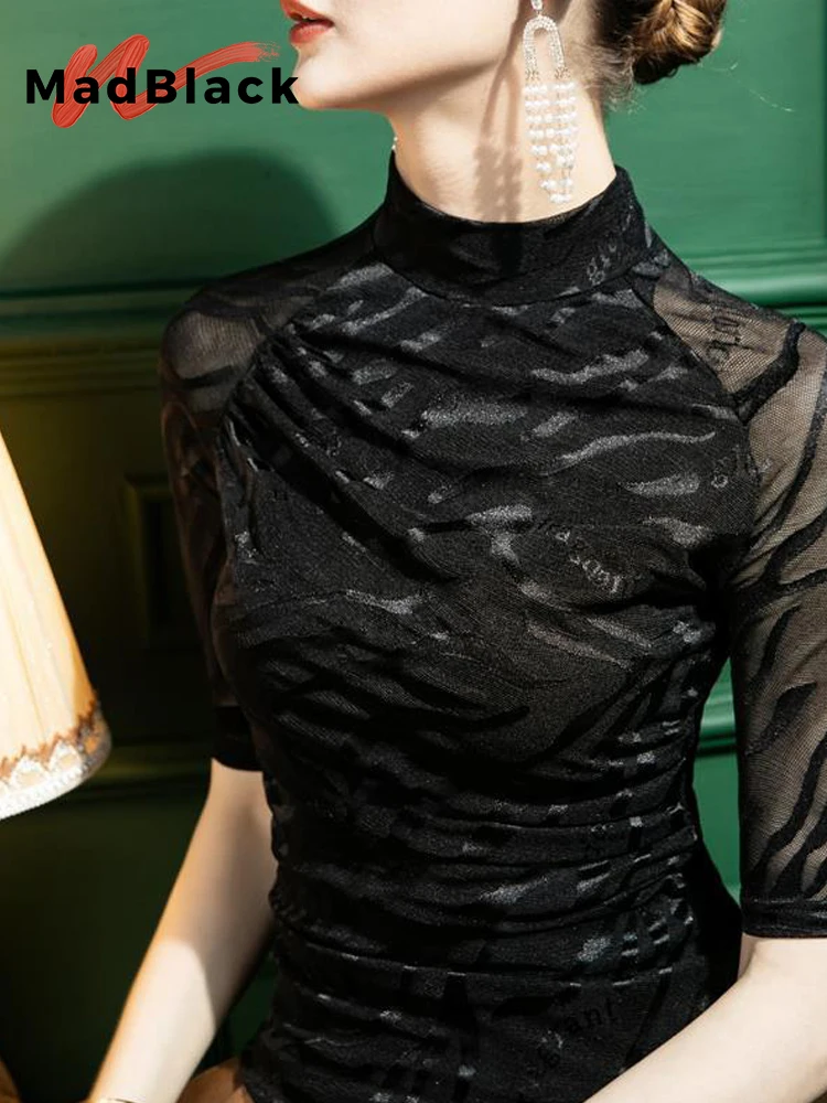 

MadBlack Autumn European Clothes Tshirts Women Sexy Half Turtleneck Print Slim Mesh Tops Half Sleeve Elastic Tees New T36348JC