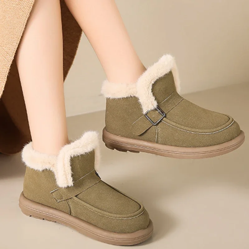 

Женские ботинки 2023, модные женские ботинки без шнуровки, зимние однотонные теплые удобные ботинки из флока на низком каблуке с круглым носком для снега