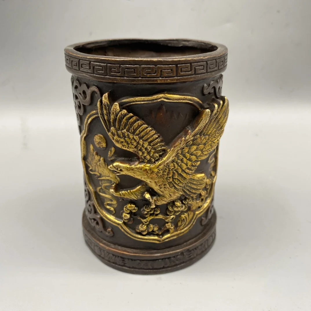 

Chinese Old Brozne Handmade Carved Eagle Pen Holder, Home /Office Desk Art Decoration Antique Art Style Metal Crafts