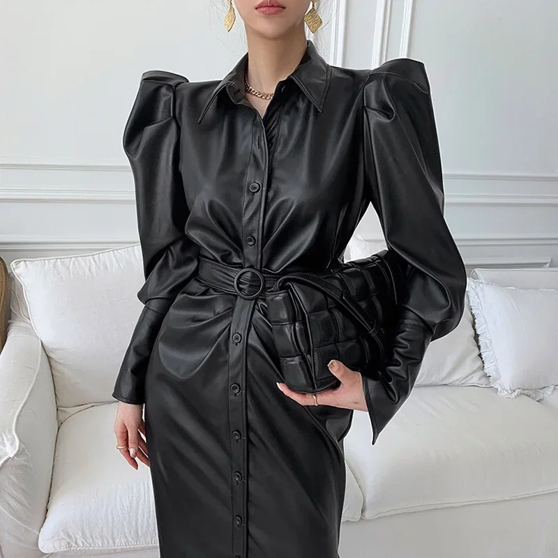 

Women PU Maxi Dress 2024 New Autumn Puff Sleeve Womon Clothes Buttons Lady Big Girls Dress Balck Faux Leather Soft,#1024