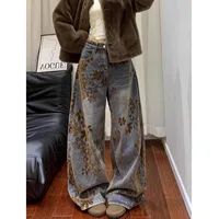 American Retro Floral Print Loose Jeans Women's Wide Leg Denim Pants Autumn Winter plus Size Slimming Floor-Length Trousers - Image 2
