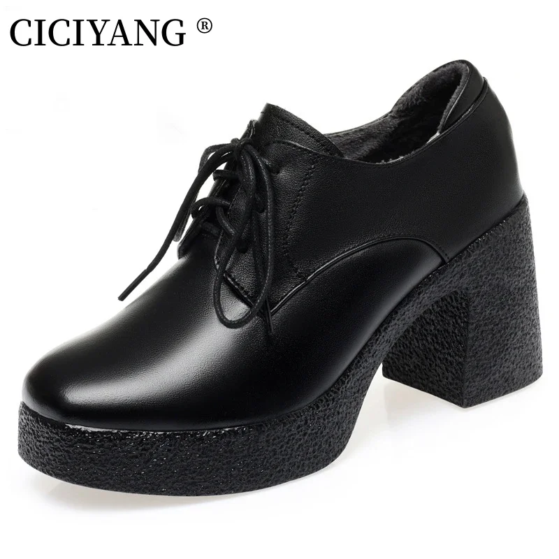 

CICIYANG Women Shoes Genuine Leather 2024 Spring Lace Up Deep Mouth Ladies Single Shoes British Style Business Dress High Heels