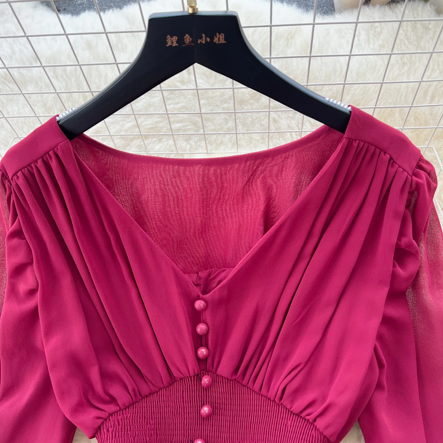Vintage Chiffon Long Dress Women Elegant V-neck Long Sleeved Casual Dresses French Pleated Slim A-line Long Robe Vestidos