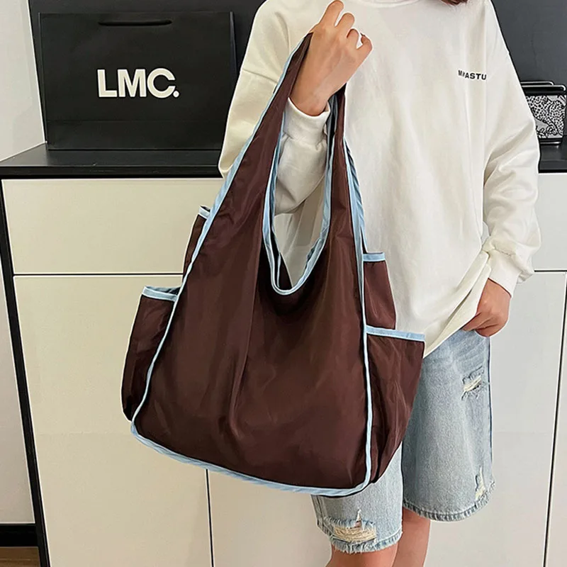 Large Capacity Shopping Bag Eco-Friendly Bag Solid Color Contrasting Retro Foldable Portable Shoulder Bag Polyester Tote Bag
