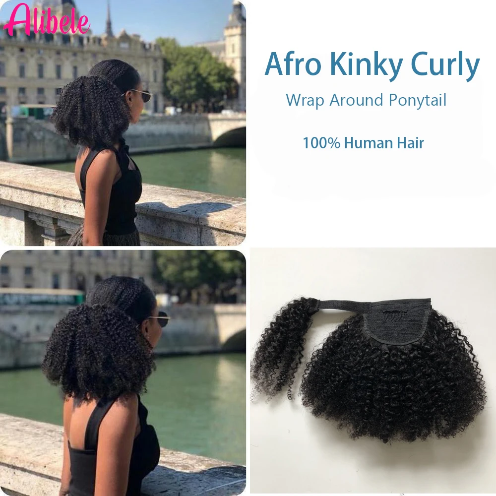 Alibele Afro Kinky Curly Wrap Around Ponytail Human Hair Extension Short Ponytail Clip in Hairpiece 4B 4C Remy Curly For Woman human hair extensions