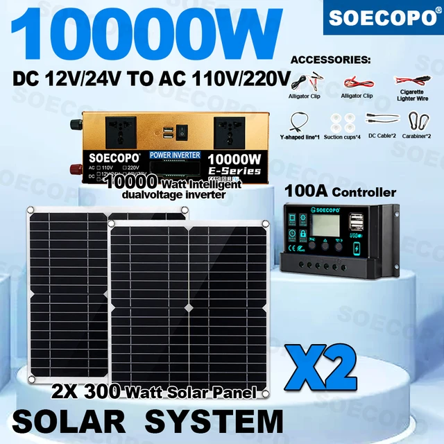 Kit complet d'énergie solaire 10000W, panneau 600W + contrôleur 100A + onduleur 10000W 12V/24V à 110V/220V, sauvegarde d'urgence pour la maison, 1