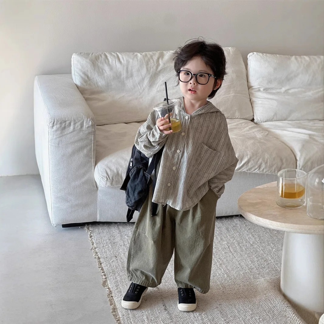 Children Linen Spring and Autumn Striped Shirt Boys and Girls Hooded Top Children Breathable Lightweight Cardigan