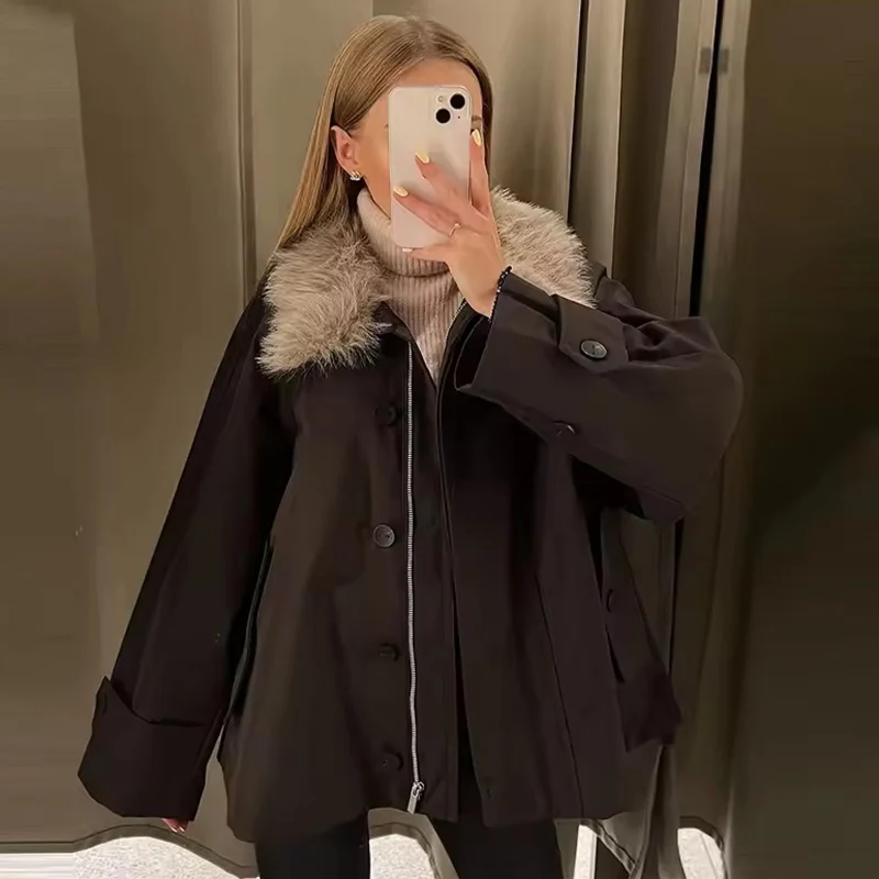 Women Waterproof Jacket 2025 New Autumn Winter Fashion Faux Fur Collar Long Sleeve Coat Female High Street Casual Outerwear