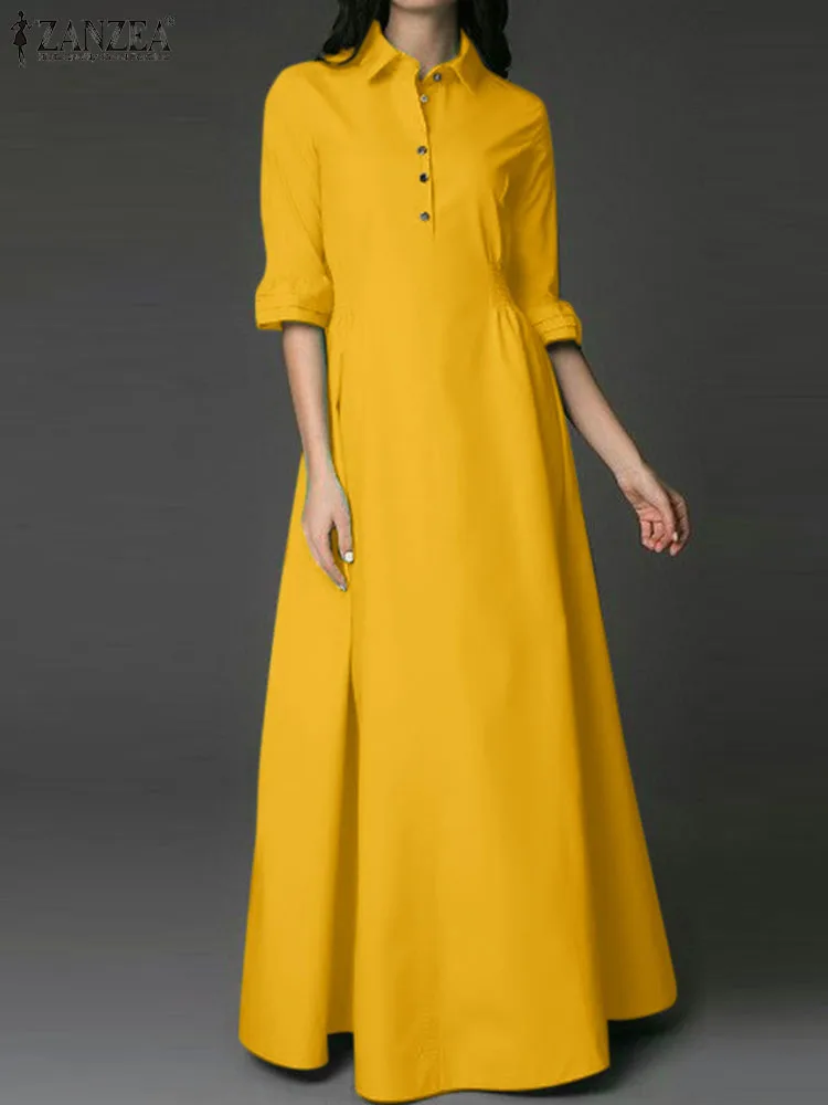 

Женское винтажное длинное платье ZANZEA, элегантное платье-рубашка с отложным воротником, модель 2024 года, весеннее платье-макси с рукавом до локтя, свободное платье-трапеция