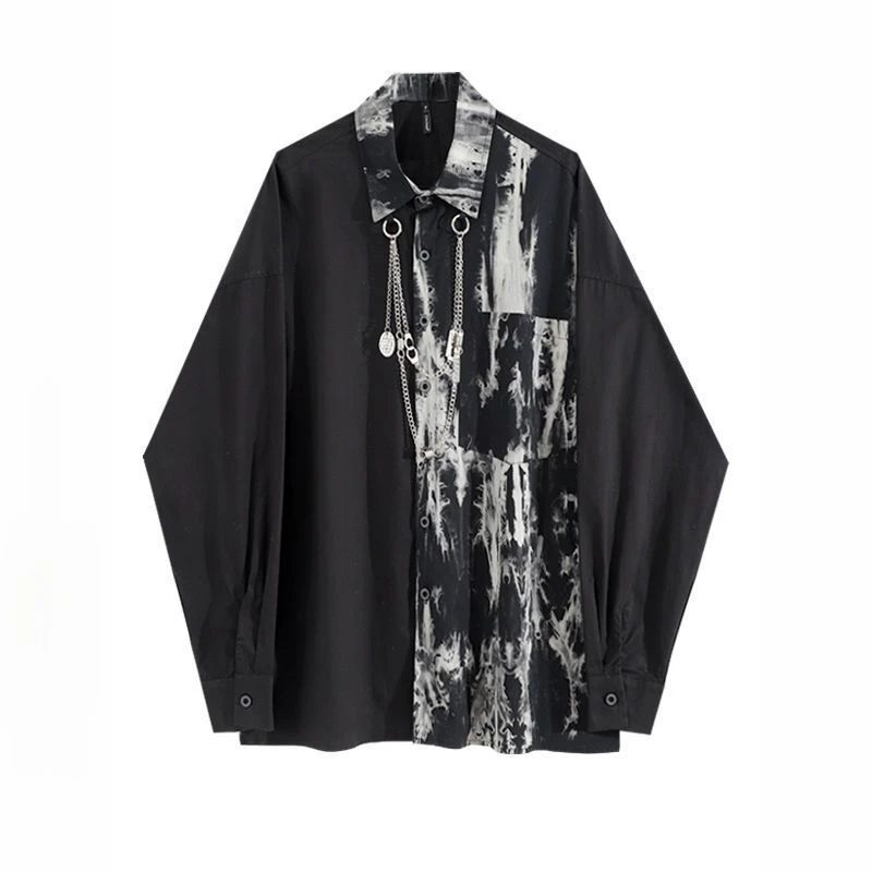 

Men Women Lapel Long-sleeved Slim Retro Tie-dye Stitching Chain Shirt Spring Autumn Street Dark Style Large Size Loose Blouse