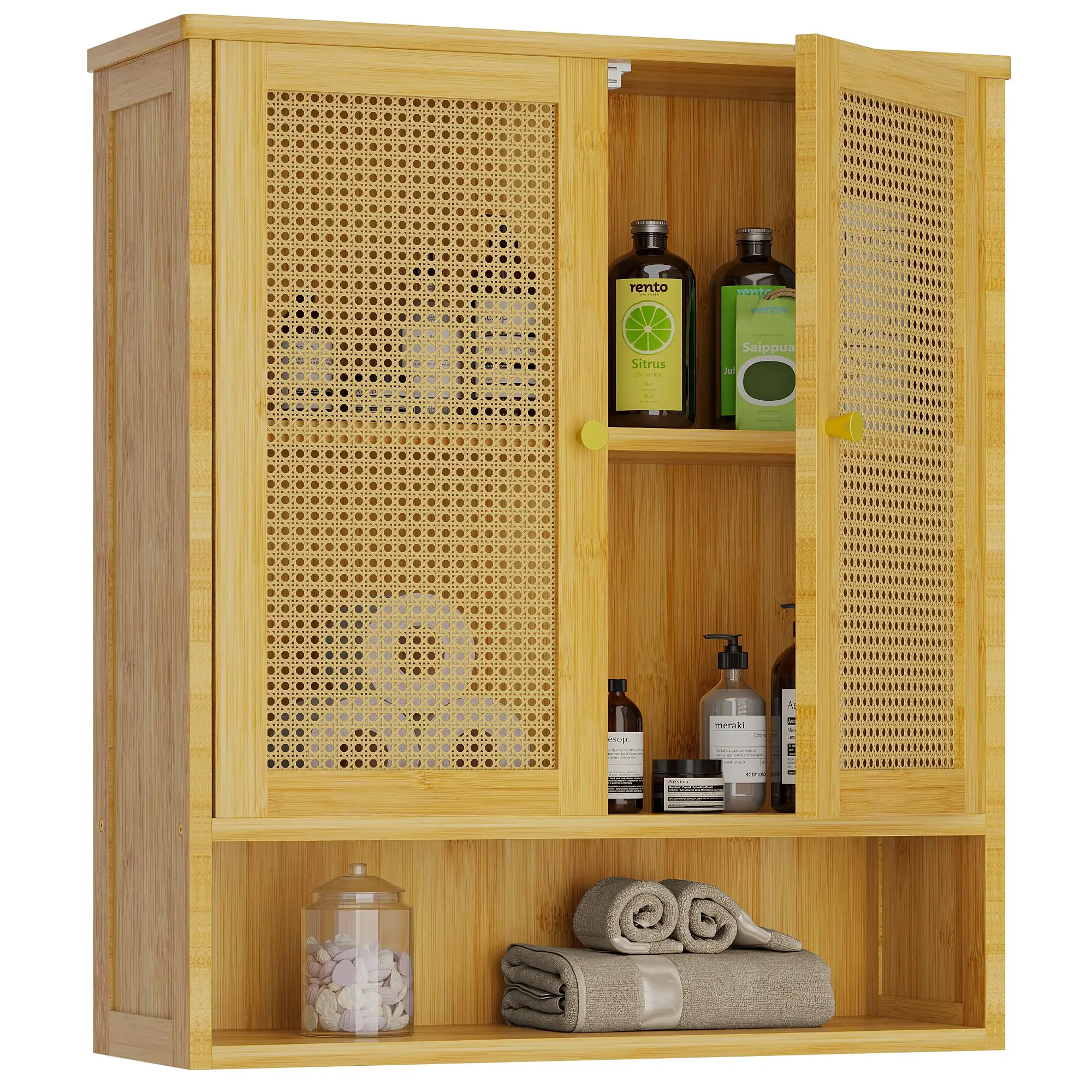 

Bathroom Wall Cabinet - Bamboo Medicine Cabinet with 2 Rattan Doors, Adjustable Shelf, Over The Toilet Storage Organizer