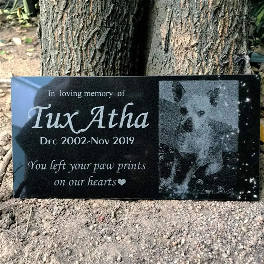 

Pet Memorial Stones Engraved with Pet's Photo, Personalized Cat Dog Memorial Stones Grave Markers,Granite,12"×6"(Granite-2)
