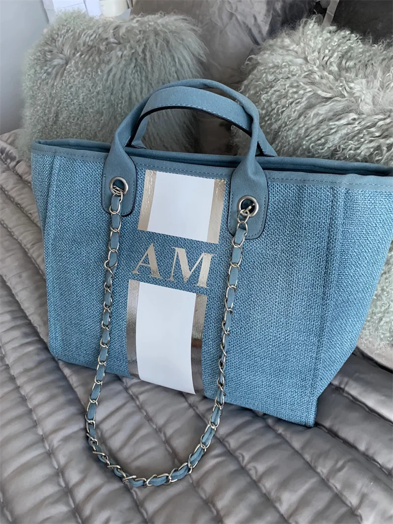 Personalized Monogram Tote Bag Canvas Customised Blue White Silver Chain Handbag Personalised Stripe Initials Chain Handbag luxury personalised monogram tote bag personalized canvas chain beach shopping tote bag personalized weekend hand bag luggage