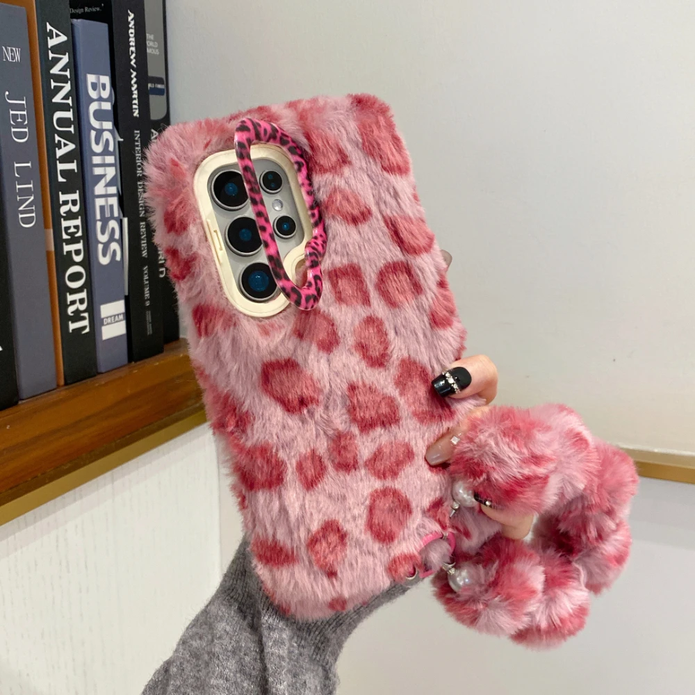 Leopard Print Fuzzy Plush Phone Case with Stand Holder and Lanyard