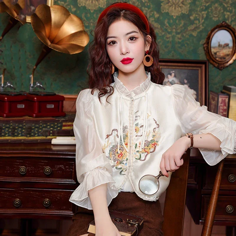 Satin Chinese Style Women's Shirt Spring/Summer Embroidery Vintage Blouses Loose Full Women Tops Fashion Clothing 2024 Korean