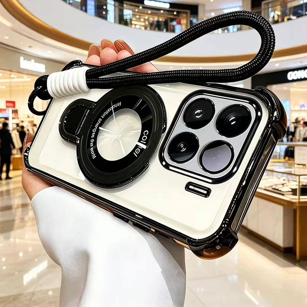 Transparent Shockproof Phone Case with Rope Lanyard Strap and Stand Feature