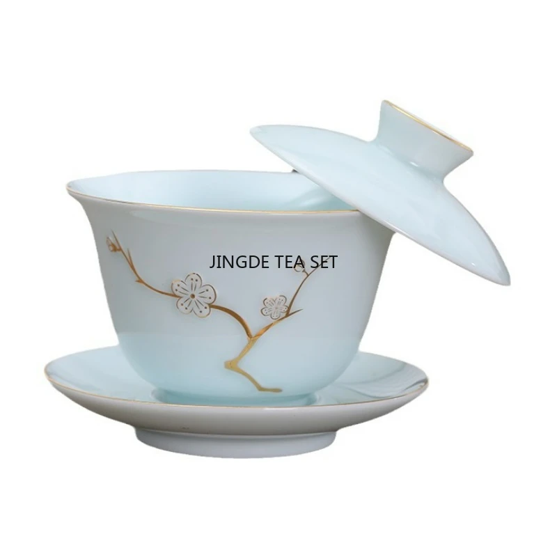 Hoverable Ceramic Single Lid Bowl Chinese Style Shadow Blue Gold Painting Kung Fu Tea Set Tea Making Bowl Porcelain Gaiwan