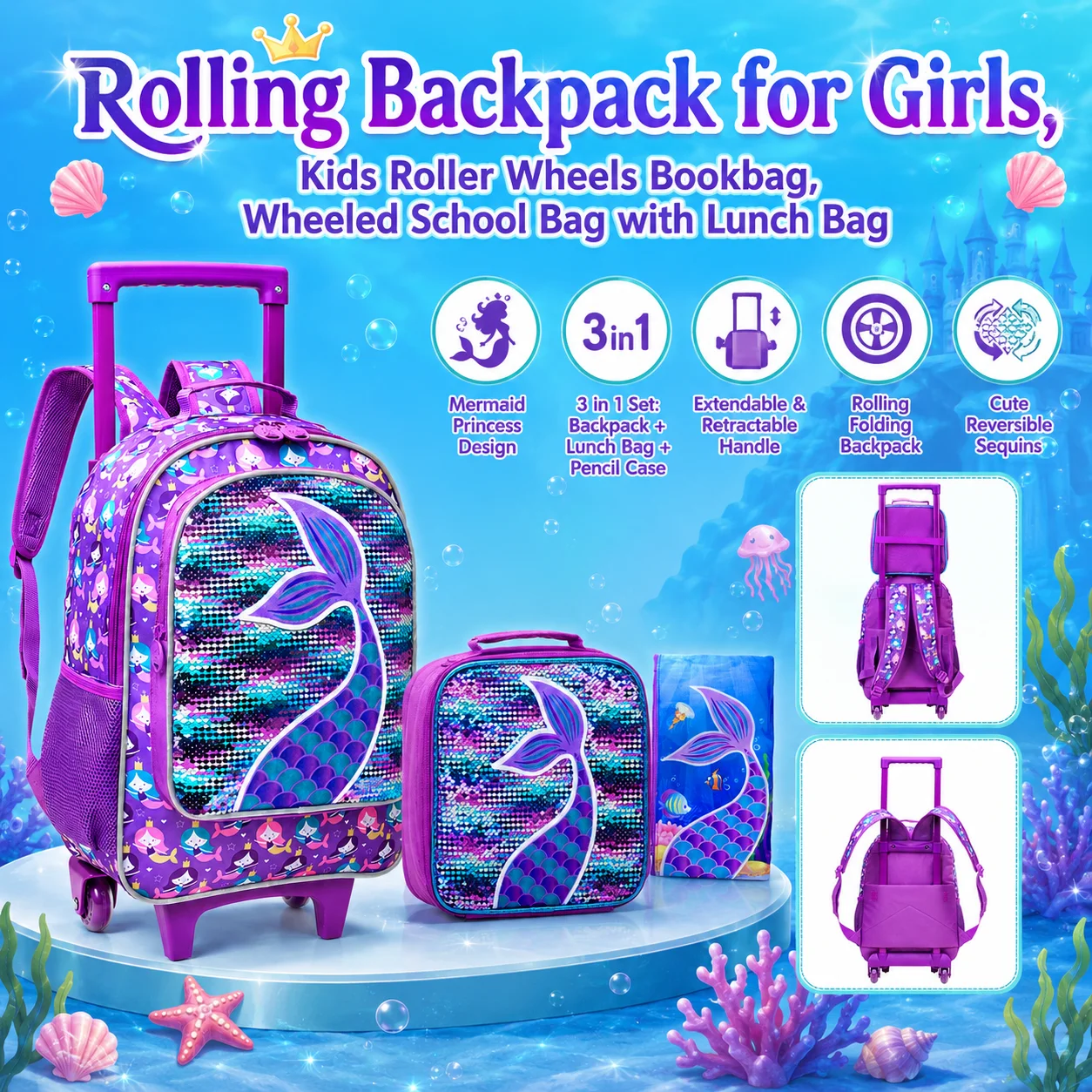 3PCS Rolling Backpack for Girls, Kids Roller Wheels Bookbag, Wheeled School Bag with Lunch Bag - Mermaid