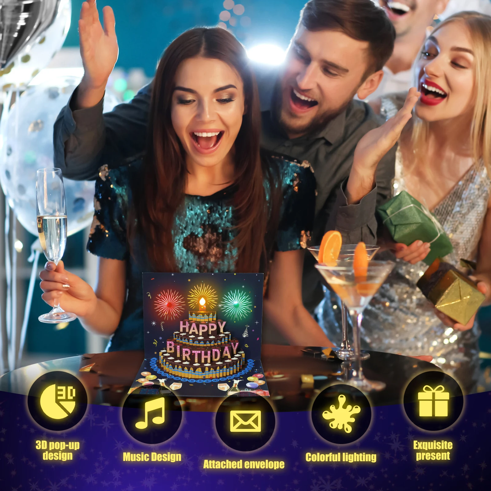 3D Light Music Birthday Card Pop Up Cake Creative Greeting Card Firework Cards Happy Birthday Party Girl Wife Gift Message Cards