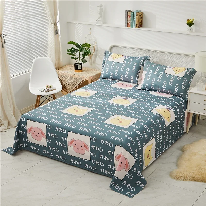 Cartoon Animal Flat Sheet, Kawaii Cat Pig Print Bed Sheet Set for Girls Teen Room Decor Microfiber Bed Cover with 2 Pillow Cases 1