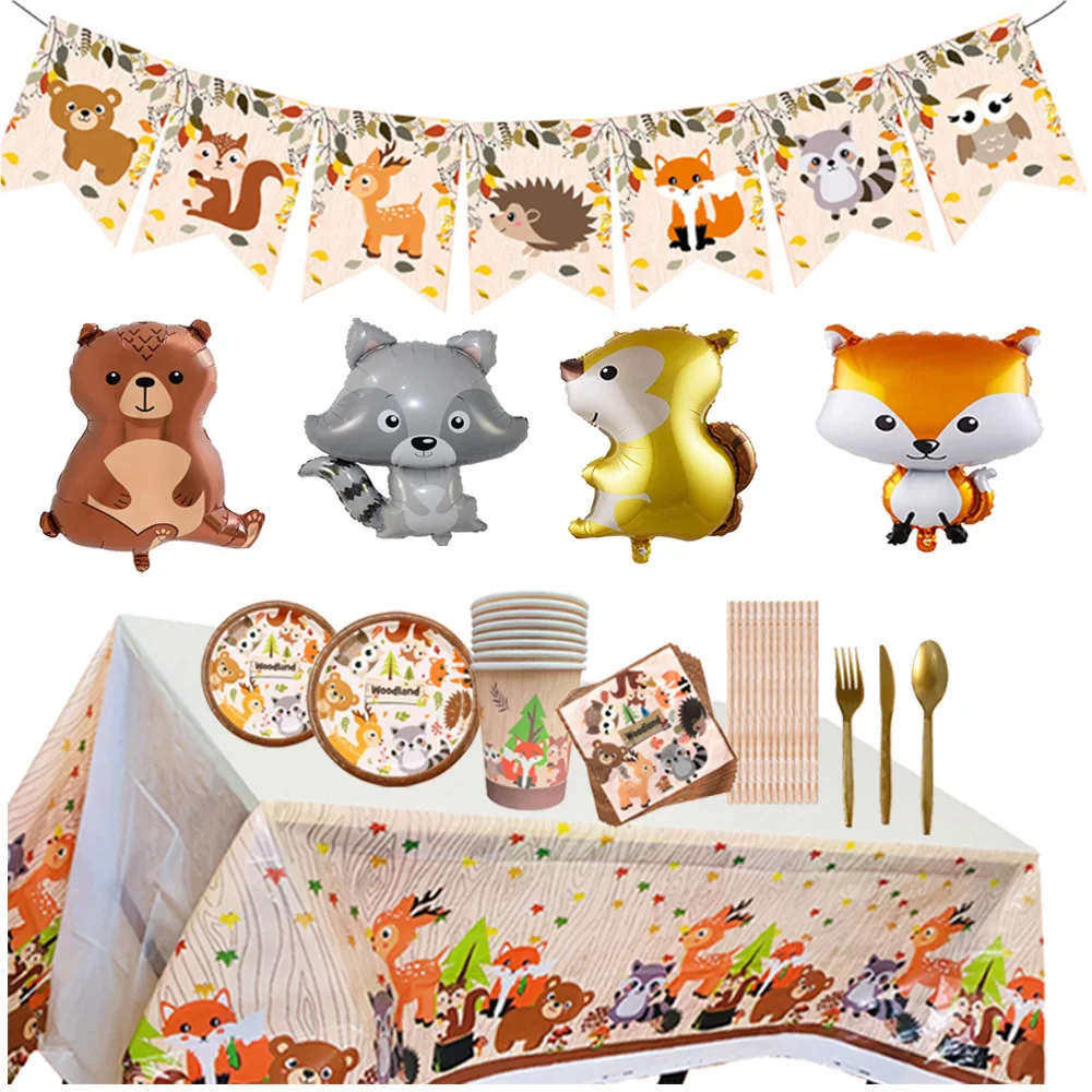 

Woodland Animal Theme Baby Shower Birthday Party Supplies Decorations Tablecloth paper plates napkins Forest Animal Fox Deer