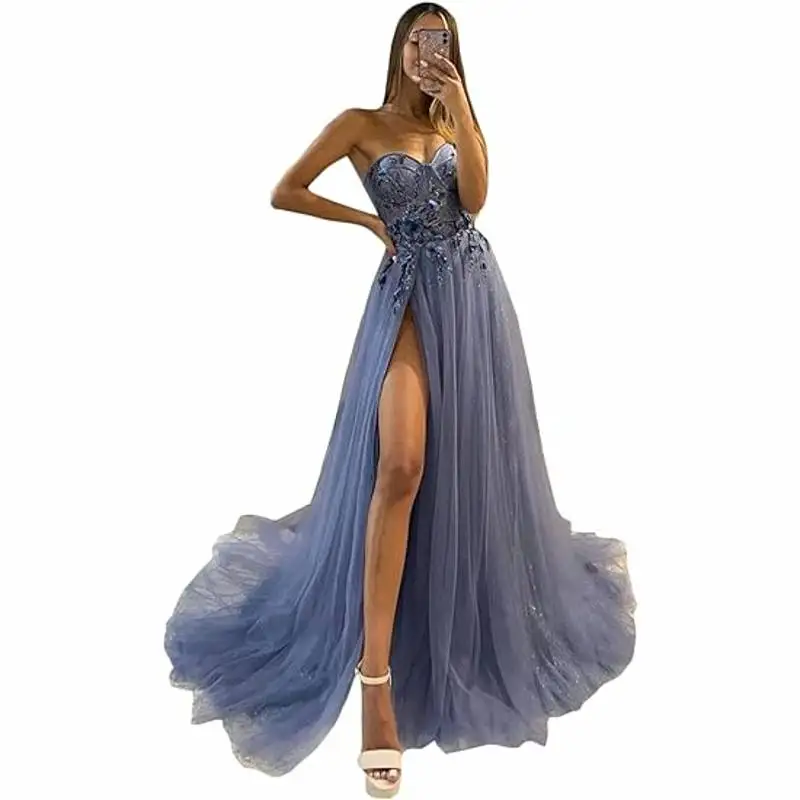 Women Prom Dresses Sweetheart 3D Appliques Long Formal Evening Ball Gowns with Slit