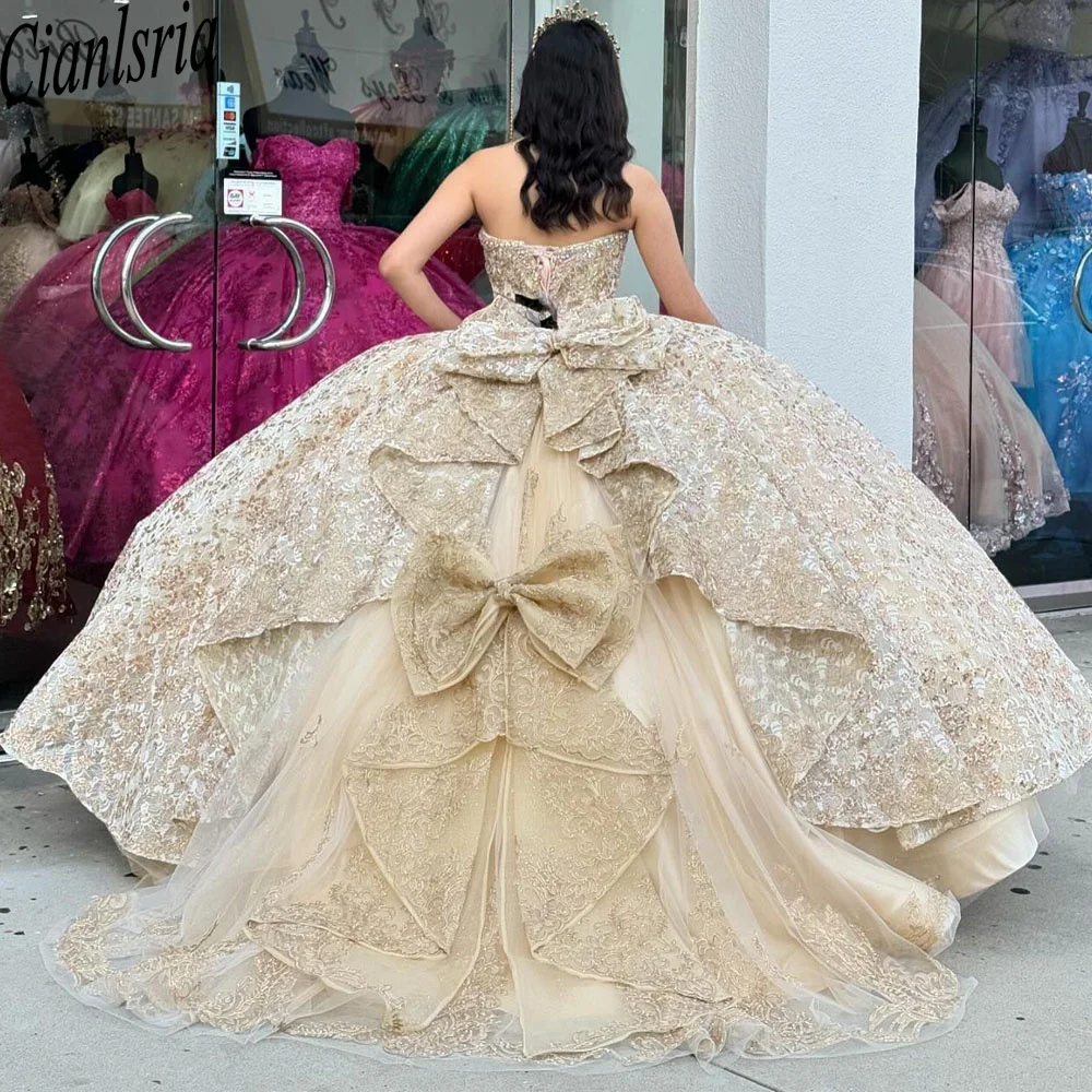 

Glitter Sweetheart Beading Satin Bow Ball Gown Quinceanera Dress 2024 Princess Lace Appliques Sweet 16 Vestidos De 15 Años