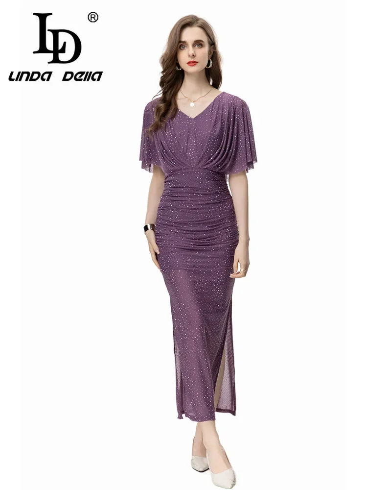 

LD LINDA DELLA Summer Bohemia elegant luxury Dress Women's Temperament Net Yarn Nail Bead Ruched Side Split Wrap Hip Dresses