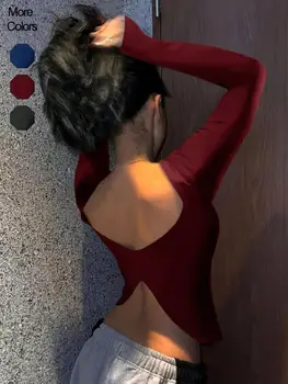 Ladies Solid Color round Neck Long Sleeve T-Shirt Slim Fit Casual Style Daily Top Comfortable Fashionable Backless Design 1