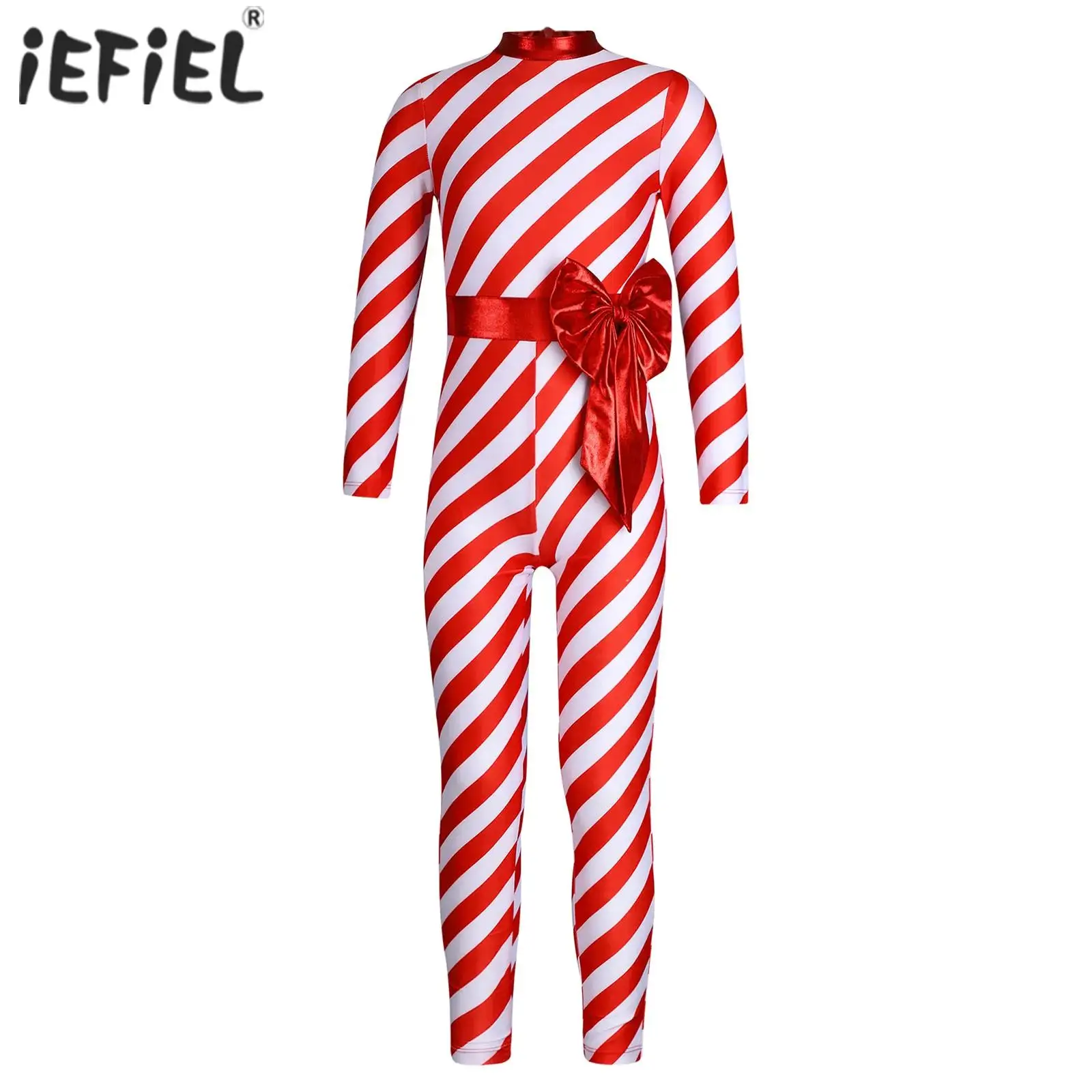 Kids Girls Christmas Candy Cane Costume Bowknot Tuta A Righe Capodanno Babbo Natale Dress Up Manica Lunga Body Lungo Unitard