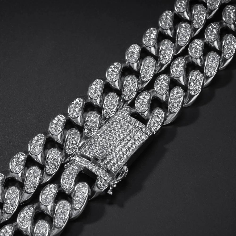 

20mm Width Miami Cuban Chain Alloy Full Crystal Rhinestone Bling Iced Out Necklace Rock Rapper Hip Hop Jewelry AN016