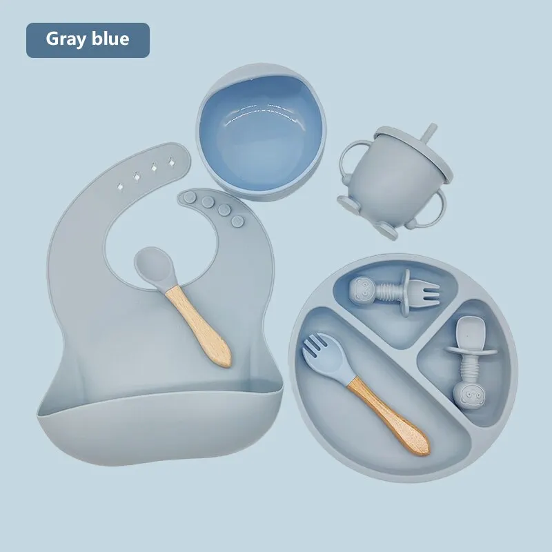 8PCS Kids Feeding Tableware Set Learn to Eat Training Fork Spoon Baby Dinner Plate Bib Complementary Food Suction Cup Bowl Set_voghion.com