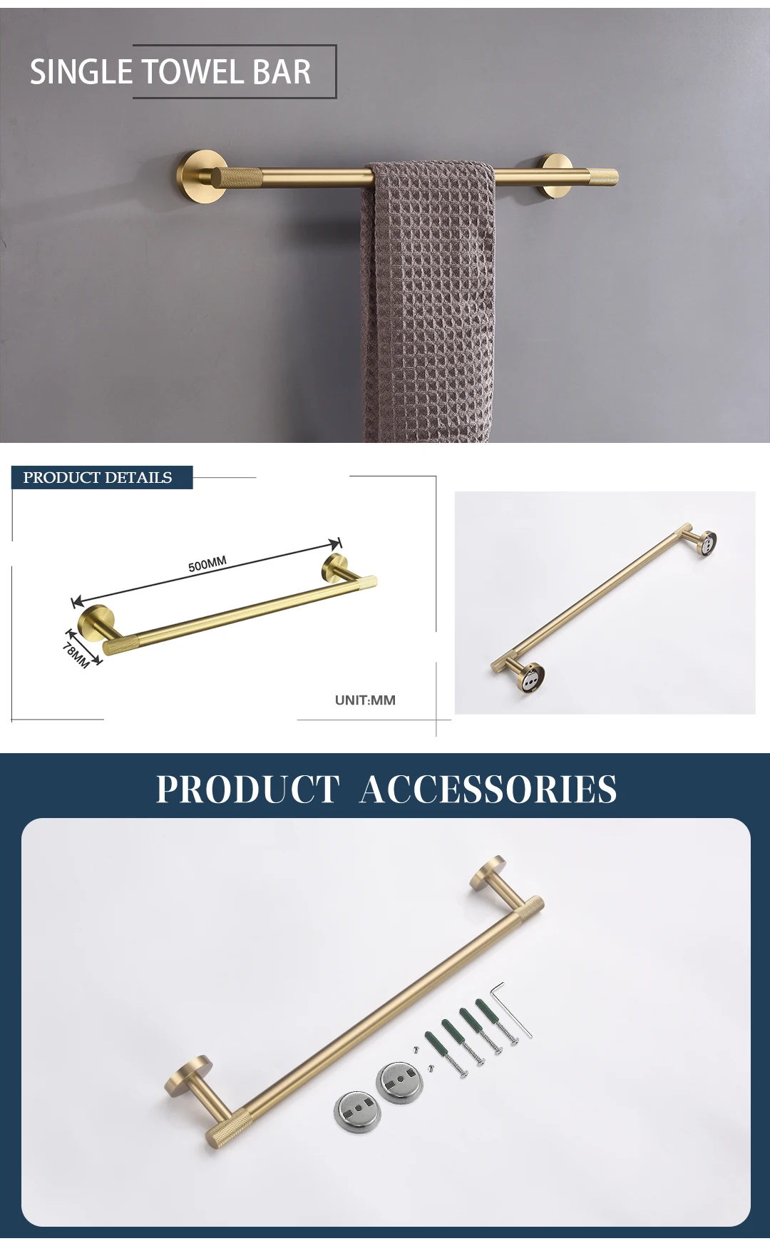 Description Picture 3 of itemBrushed Gold Brass Knurled Round Kit Toilet Brush Towel Bar Ring Robe Hook Paper Holder Towel Ring Cup Holder Soap Dish Set