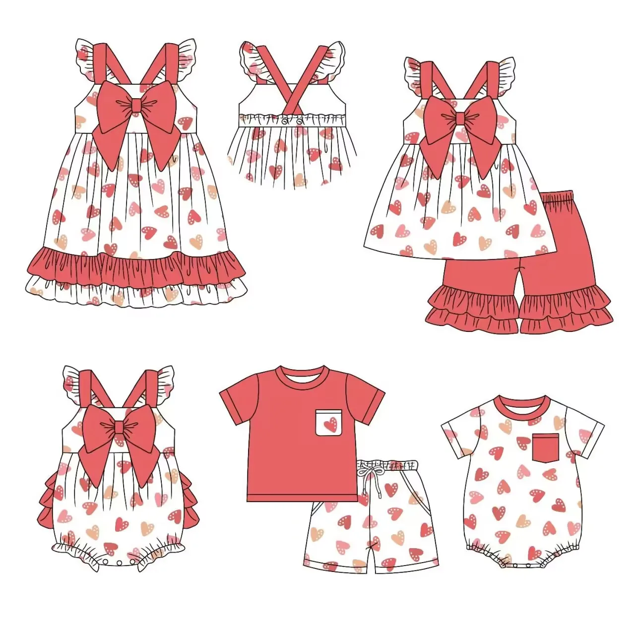 

Valentines New design toddler boutique brother and sister suit jumpsuit Bow Heart print baby cute summer suit